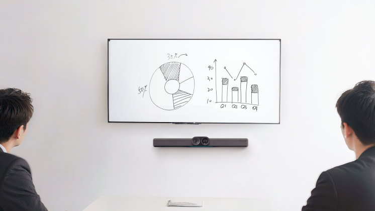Staff use Insta360 Connect as they stare on at a whiteboard in a meeting.